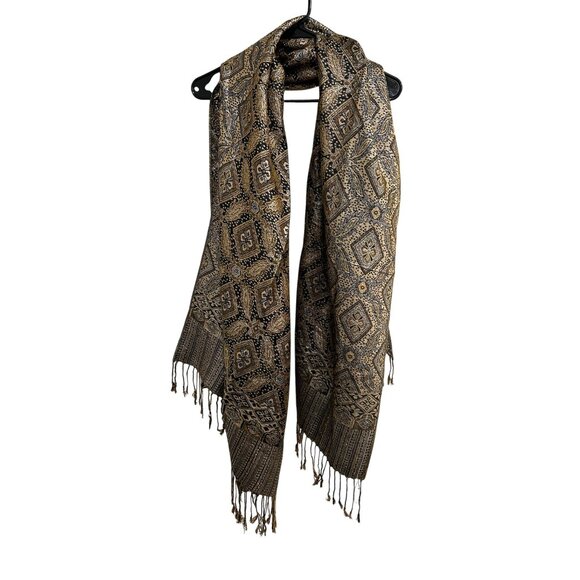 Pashmina Shawl Intricate Gold Black Geometric Patterns Fringe - Picture 1 of 8